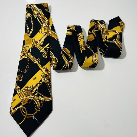 Rare Genuine HERMES Black Scarf Tie w Equestrain Horsebit Design NWOT 56x3.5”